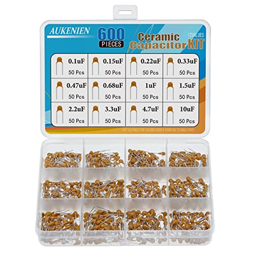 AUKENIEN 12 Wert 600 Stück Keramik Kondensator Set Kondensatoren Sortiment 100nF 0.1uF 0.15uF 0.22uF 0.33uF 0.47uF 0.68uF 1uF 1.5uF 2.2uF 3.3uF 4.7uF 10uF Keramikkondensator Capacitor Kit von AUKENIEN