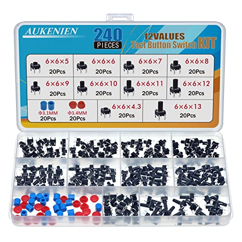 AUKENIEN 12 Werte 240 Stück Micro Taster Sortiment Kit Taktiler Druckschalter Mikroschalter Taktilen Drucktastenschalter 6MM x 6MM Mikrotaster 4 poliger Tactile Push Switch Button mit Taster Deckel von AUKENIEN