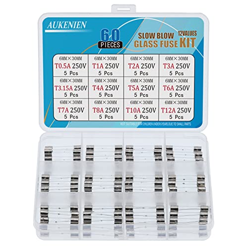 AUKENIEN 12 Werte 60 Stück 6,3x32 6x30 MM Schmelzsicherung Sicherung Feinsicherung Träge 250V T 0,5A 1A 2A 3A 3,15A 4A 5A 6A 7A 8A 10A 12A Traege Glassicherung Glasrohrsicherung Slow Blow Fuse von AUKENIEN