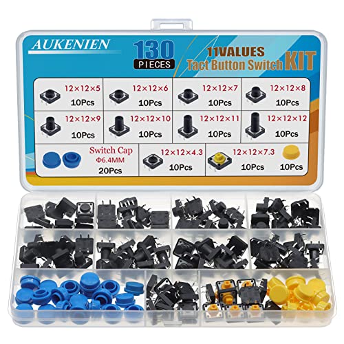 AUKENIEN 12 Werte Micro Taster 130 Stück Mikrotaster Taktiler Drucktastenschalter Microschalter 12MM x 12MM 4 poliger Tactile Push Switch Button Kit mit Taster Deckel von AUKENIEN