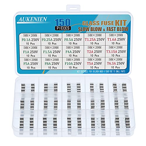 AUKENIEN 15 Wert Glassicherung Gemischt Sortiment Set 250V 5X20mm Feinsicherung Träge T 1.25A 1.6A 2A 3.15A 5A 6.3A Glasrohrsicherung F 0.1A 0.25A 0,5A 1A 1.5A 4A 5A 8A 10A Flink Glas Sicherung Kit von AUKENIEN