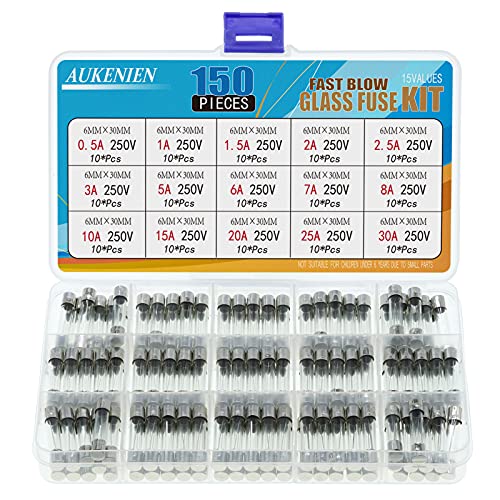 AUKENIEN 150 Stück 0,5A 1A 1,5A 2A 2,5A 3A 5A 6A 7A 8A 10A 15A 20A 25A 30A 250V Sicherungen 6,3x32 6x30 MM Glas Sicherung Glassicherung Glasrohrsicherung Feinsicherung Schnelle Schlag Glasrohr Kit von AUKENIEN