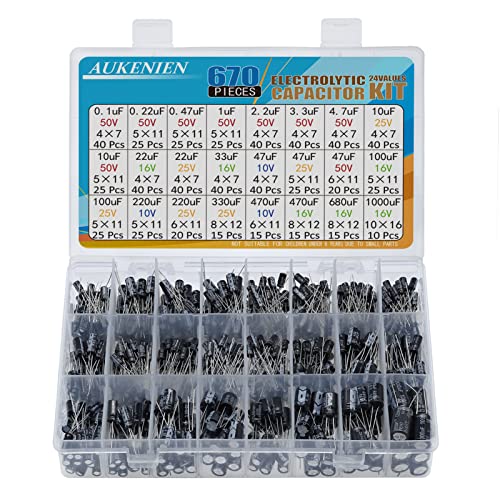 AUKENIEN 24 Wert 670 Stück Elkos Kondensator Sortiment Elektrolytkondensator Set von 0,1uF bis 1000uF 10V 16V 25V 50V Elko Kondensatoren Aluminium Capacitor Kit von AUKENIEN