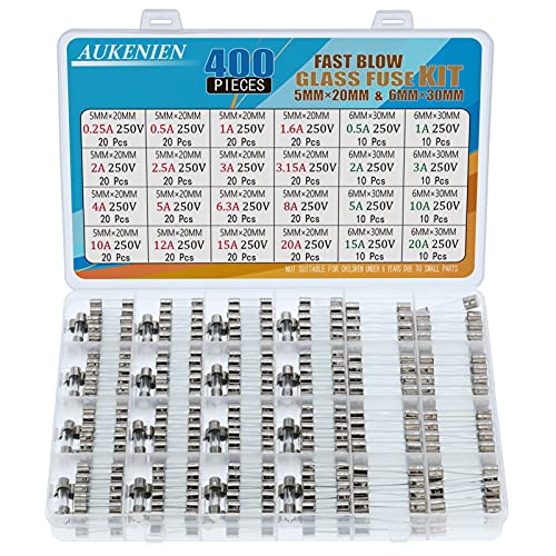 AUKENIEN 24 Werte 400 Stück Glassicherung Set 5x20 mm 0,25A 0,5A 1A 1,6A 2A 2,5A 3A 3,15A 4A 5A 6,3A 8A 10A 12A 15A 20A 250V 6,3x32 6x30 mm 0,5A 1A 2A 3A 5A 10A 15A 20A Glas Sicherungen Sortiment von AUKENIEN