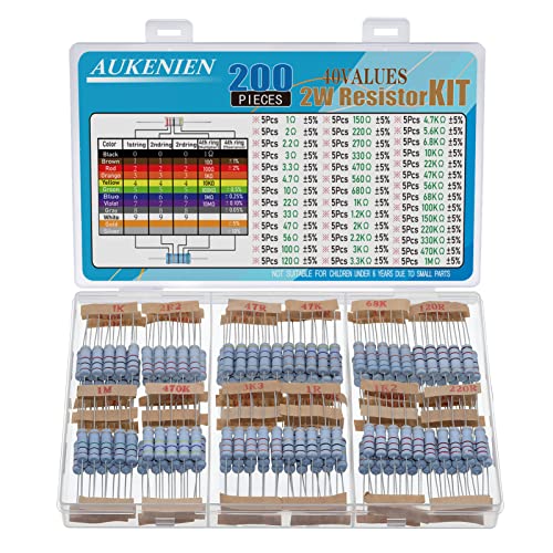 AUKENIEN 2W Widerstand Sortiment 40 Werte 200 Stück Widerstände 1 Ohm bis 1M Ohm Kohleschicht Resistor Kit RoHS Konform mit ± 5% Toleranz von AUKENIEN