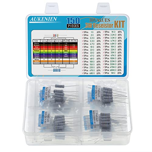 AUKENIEN 3W Widerstand Sortiment 30 Werte 150 Stück Kohleschicht Resistor Kit 1 bis 1M Ohm Wiederstand Set Elektronik RoHS Konform mit ± 5% von AUKENIEN