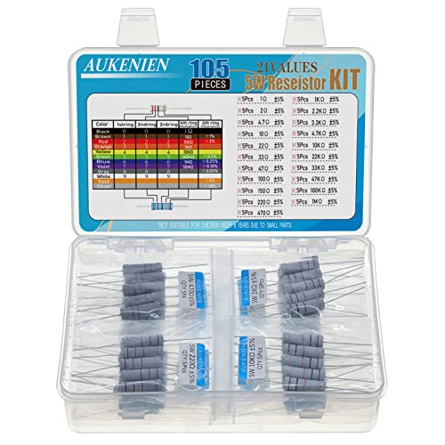 AUKENIEN 5W Widerstand Sortiment 21 Werte 105 Stück Kohleschicht Widerstände 1 bis 1M Ohm Wiederstand Set Elektronik Resistor Kit RoHS Konform mit ± 5% von AUKENIEN