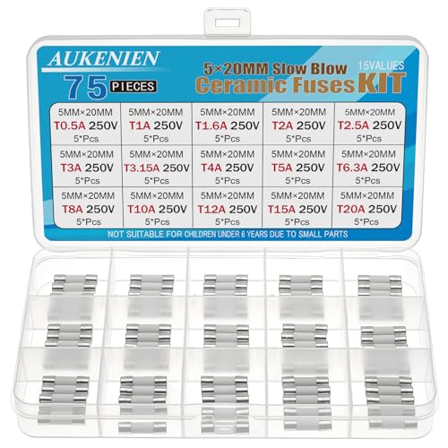 AUKENIEN 5x20MM Träge Keramik Sicherungen 15 Wert T 0,5A 1A 1,6A 2A 2,5A 3A 3,15A 4A 5A 6,3A 8A 10A 12A 15A 20A 250V Traege Keramiksicherungen Sortiment Kit von AUKENIEN