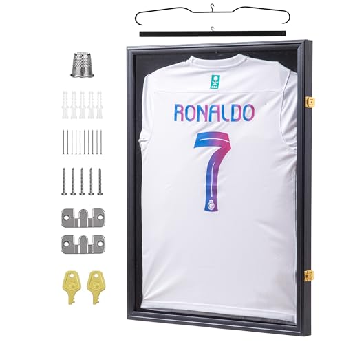 AUKIFY Trikot-Rahmen Vitrine schwarz 98% UV-Schutz Acryl große Trikot-Schattenbox abschließbar, mit Aufhängern Pinnwand Trikotvitrine für Fußball, Baseball, Basketball und Sporttrikots von AUKIFY