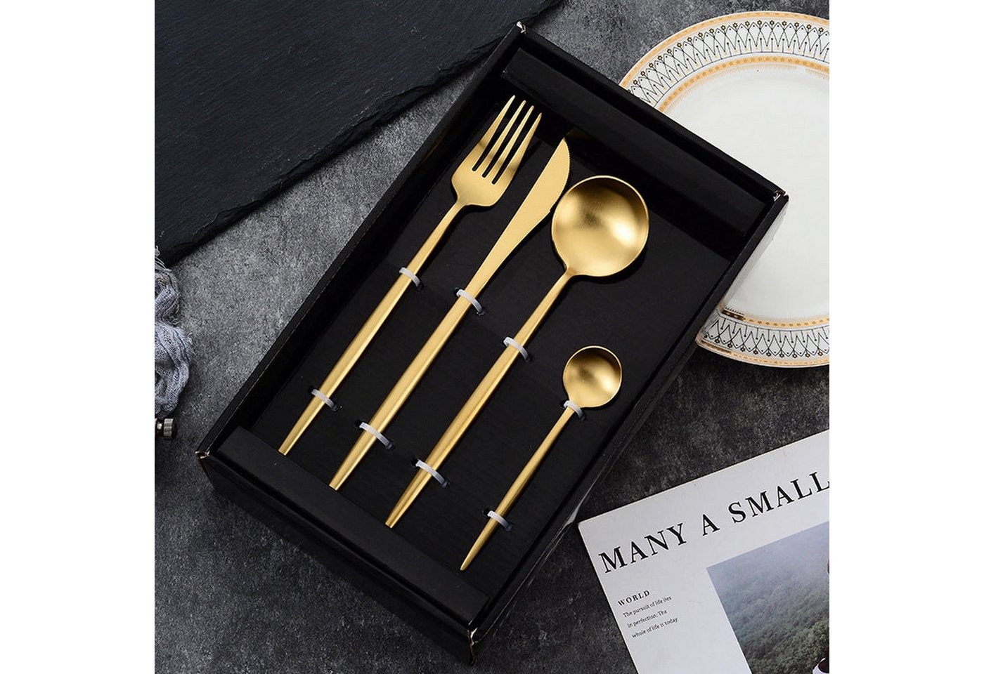 AUKUU Besteck-Set Besteckset Besteckset Edelstahl Besteckset Gold matt, Steakbesteck Set Hochzeit Hauptteil vierteilig von AUKUU