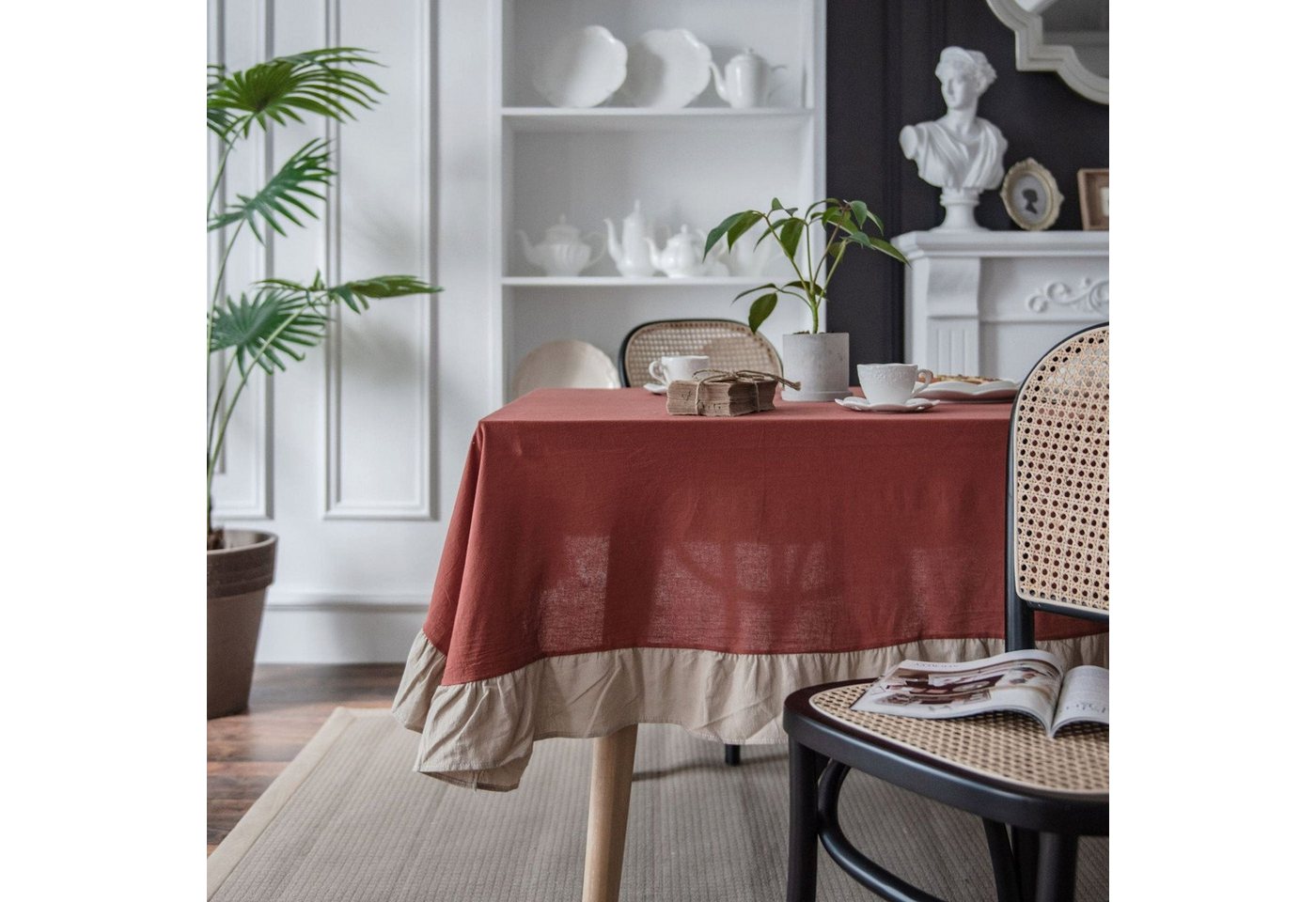 AUKUU Tischdecke Gerüschte Gerüschte orangefarbene Tischdecke schlicht runder, Tisch Esstisch gewaschene Baumwolle für Zuhause rechteckig von AUKUU