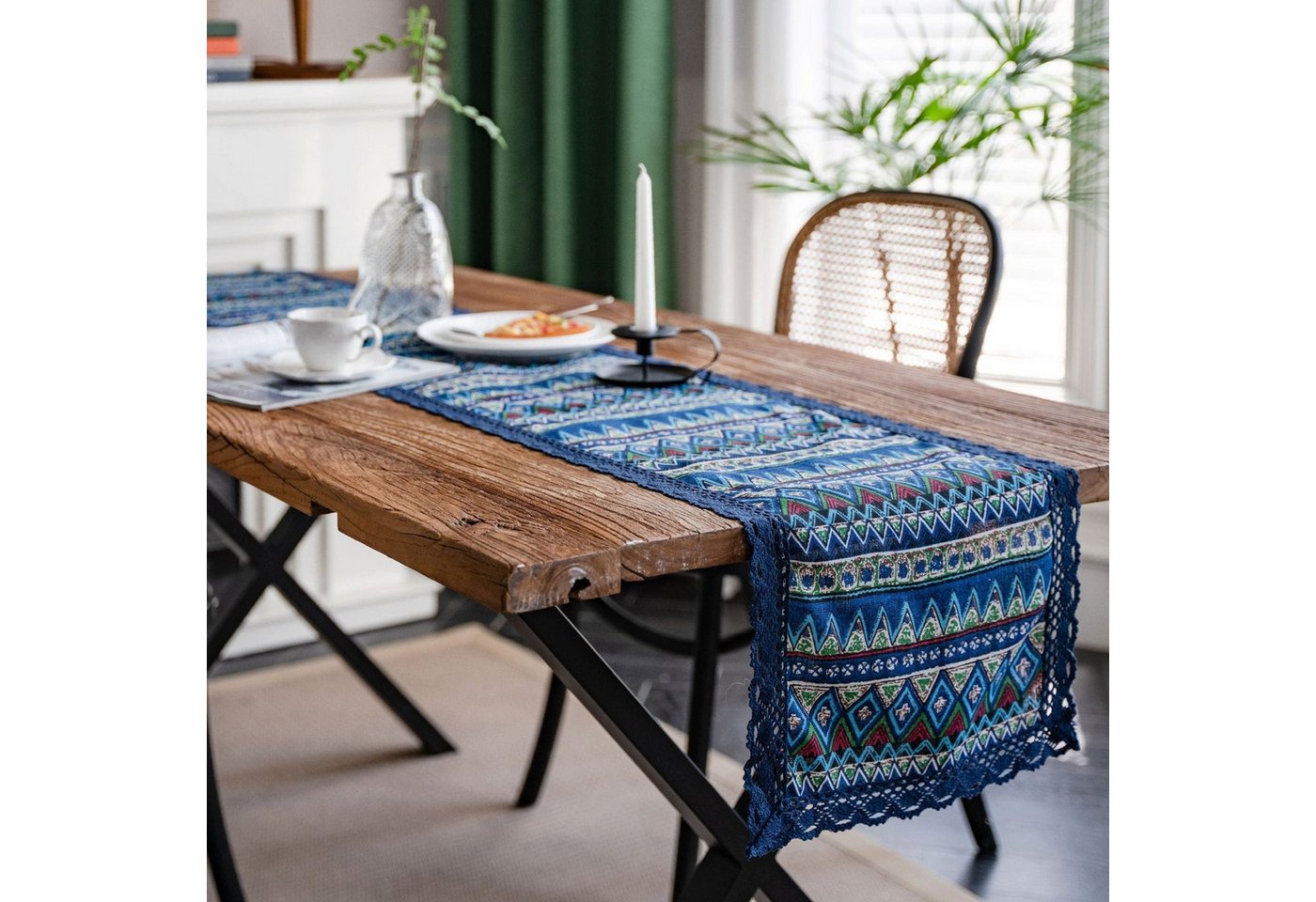 AUKUU Tischläufer Tischfahne Tischfahne bedruckt böhmische marineblaue Spitze, Weizenähren Tischfahne für Tee Abendessen Fahnenstreifen von AUKUU