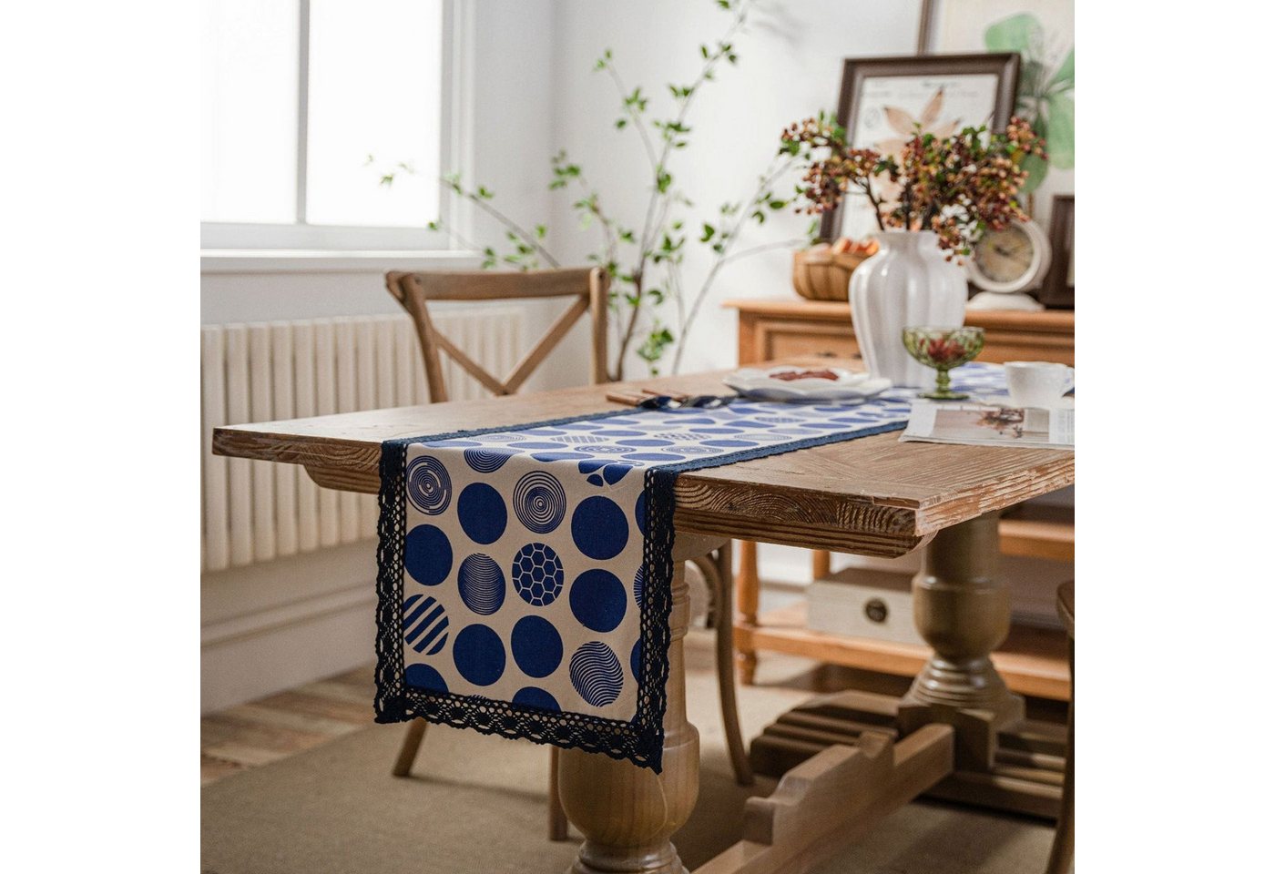 AUKUU Tischläufer Tischfahne Tischfahne mit bedruckter böhmischer marineblauer, Spitze gestreift Tischfahne für Tee Abendessen Fahnenstreifen von AUKUU