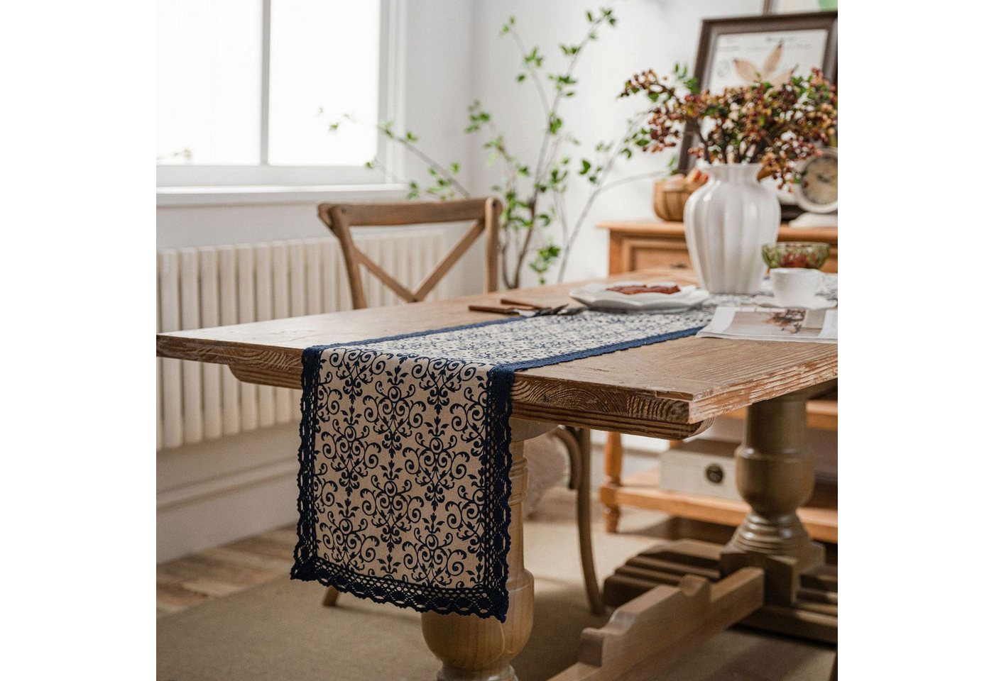 AUKUU Tischläufer Tischfahne Tischfahne mit pastoralem Marineblau Spitzendruck, Tischfahne für Tee Abendessen Fahnenstreifen von AUKUU