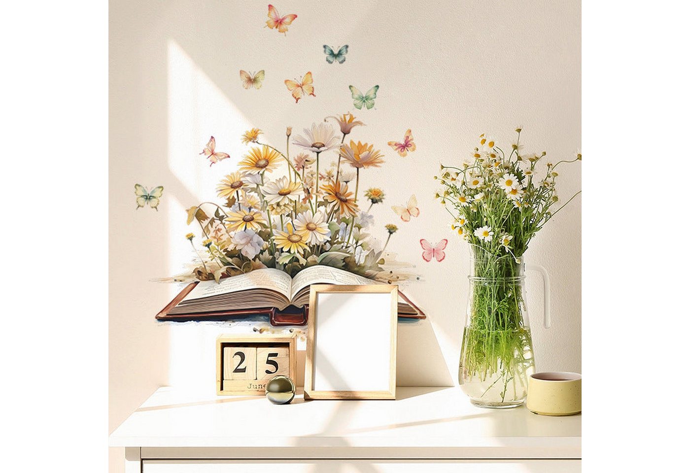AUKUU Wanddekoobjekt Romantische Romantische Bücher Blumen Schmetterlinge, Schlafzimmer Eingang Heimdekoration Wandaufkleber selbstklebend von AUKUU