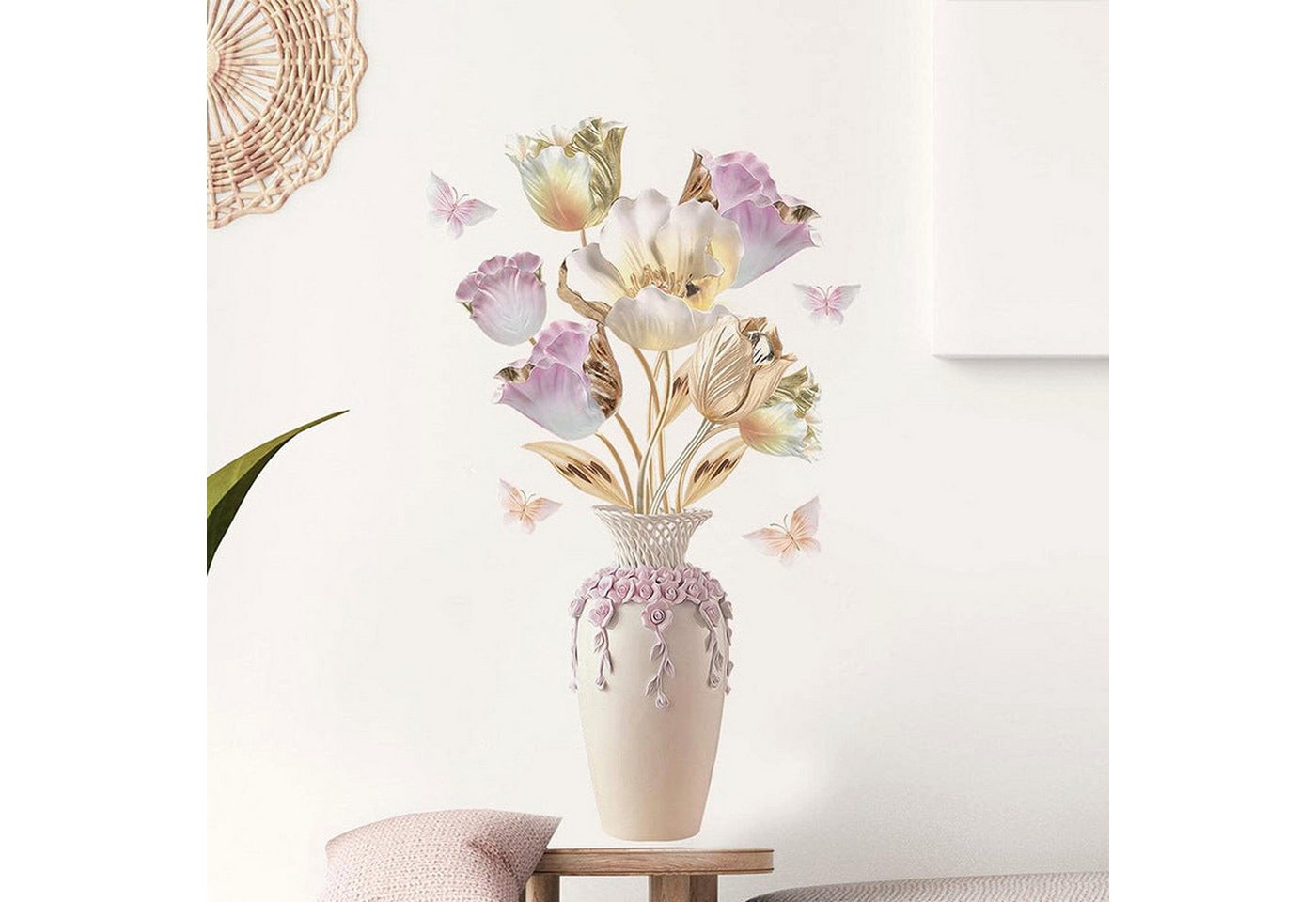 AUKUU Wanddekoobjekt Simulierte Simulierte dreidimensionale Relief Vase Blumen, Schlafzimmer Wohnzimmer Veranda Heimdekoration Wandaufkleber von AUKUU