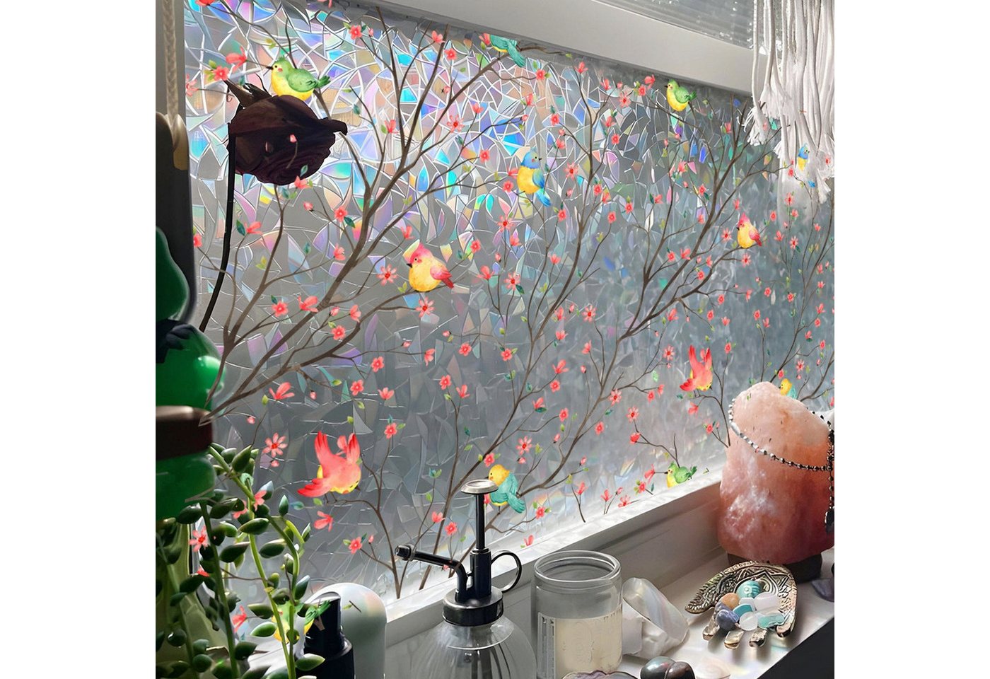 AUKUU Wandtattoo 40*120cm Bunte Blumen Vögel grüne Blätter dekorative, Fensteraufkleber elektrostatische Aufkleber für Fensterglas von AUKUU