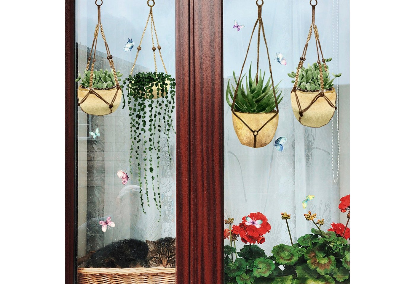 AUKUU Wandtattoo 23*54cm Grüne Pflanze im Topf Schmetterling, Wandaufkleber elektrostatischer Aufkleber Glasaufkleber Fenster von AUKUU