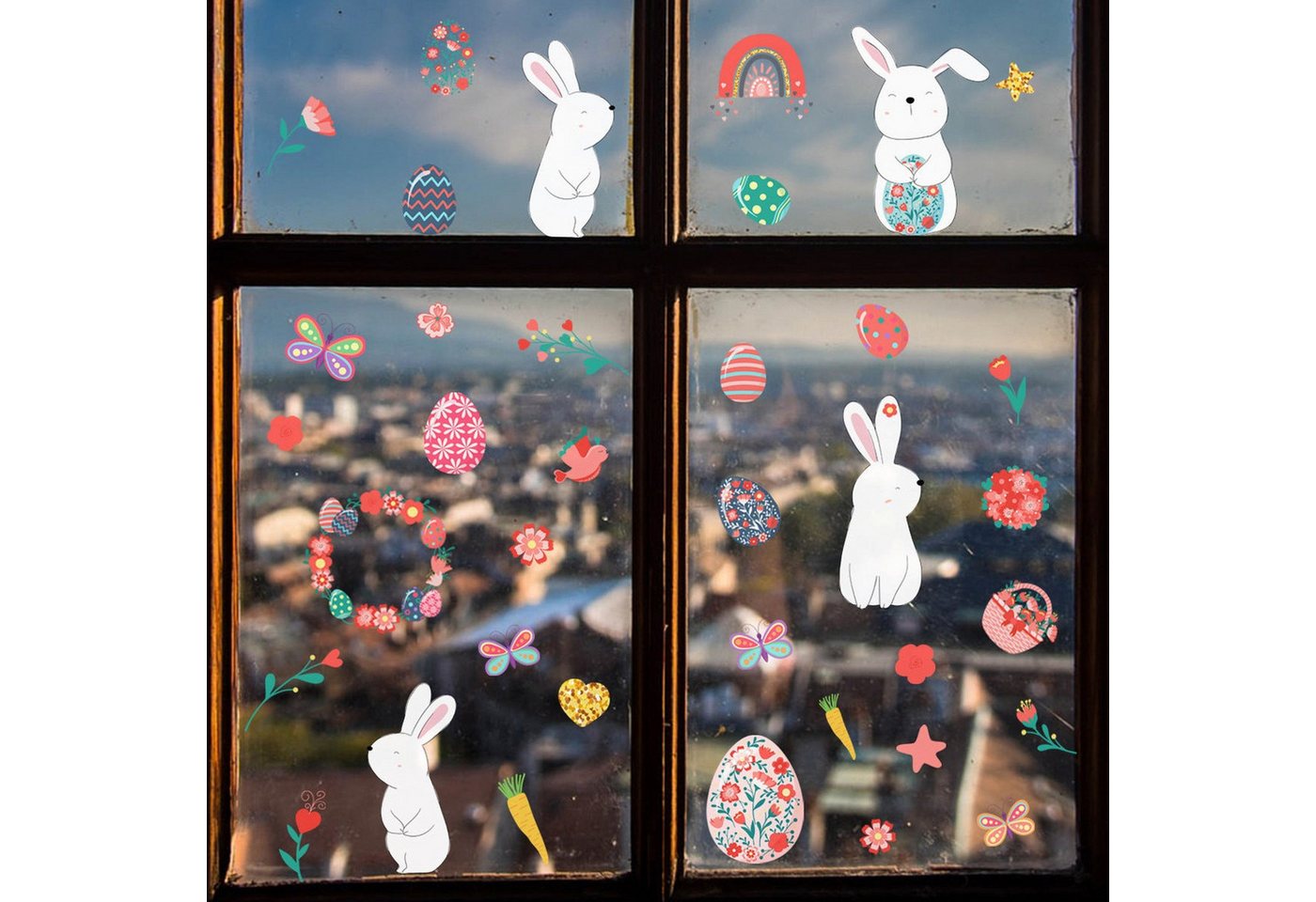 AUKUU Wandtattoo 27*30cm Ostern weißer Hase Fensterglasaufkleber, elektrostatischer Aufkleber Fenster doppelseitiger visueller von AUKUU