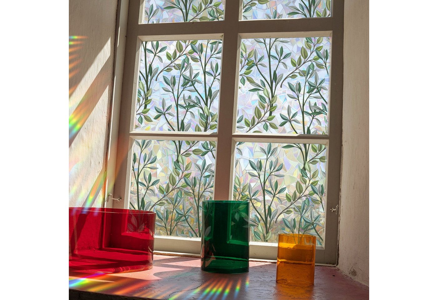 AUKUU Wandtattoo 40*100cm Retro grüne Pflanzenreben Sonnenlicht bunte, Fensterglas elektrostatische Aufkleber Sonnenschutz von AUKUU