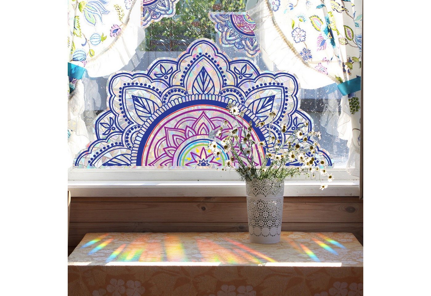 AUKUU Wandtattoo 28*50cm Sonnenlicht bunte Mandala Blume, Fensterdekoration elektrostatischer Glasaufkleber von AUKUU