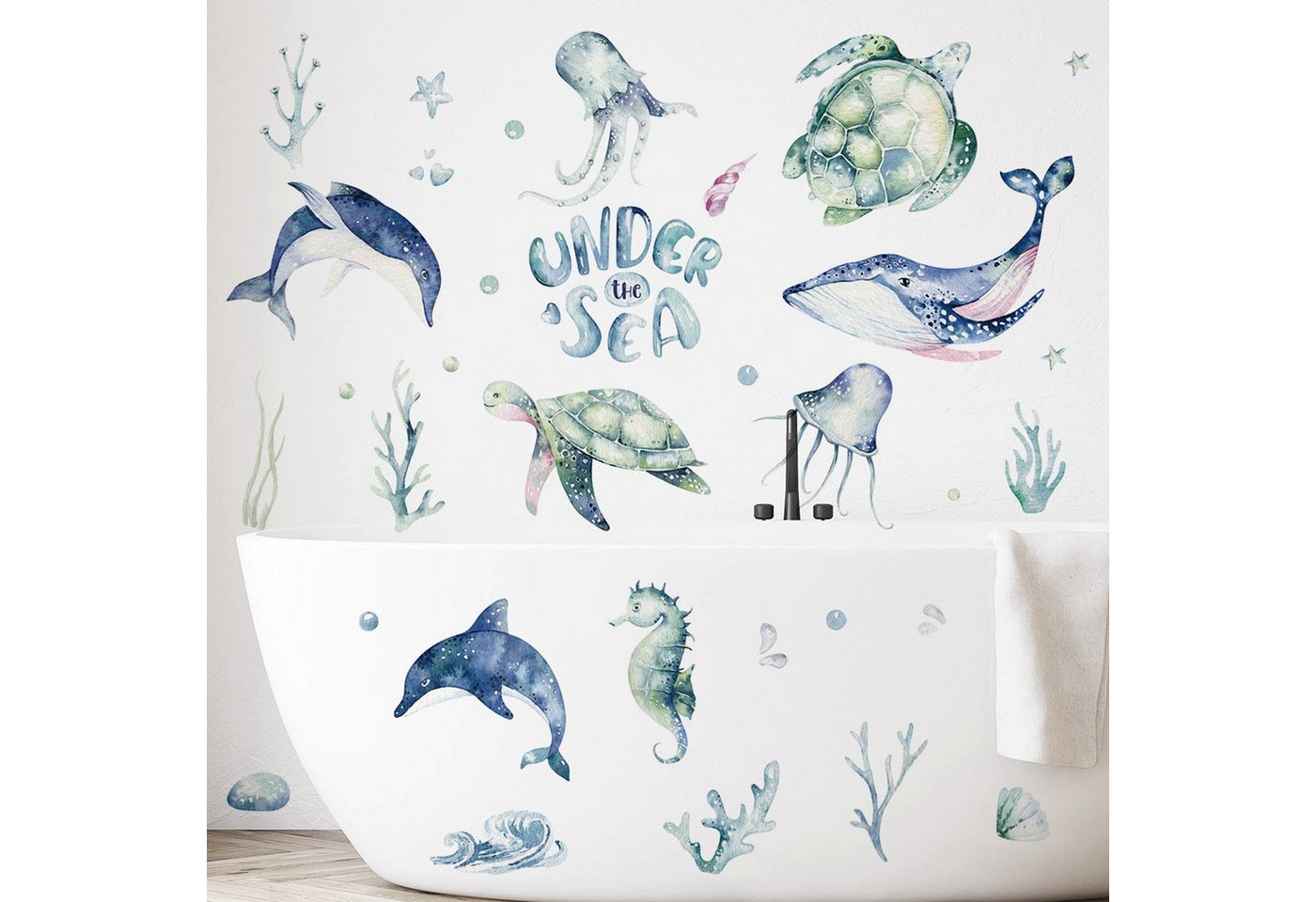 AUKUU Wandtattoo 30x60cm Wandaufkleber für Unterwasserlebewesen Delfin, Schildkröte Oktopus Badezimmer Glasfliesen von AUKUU