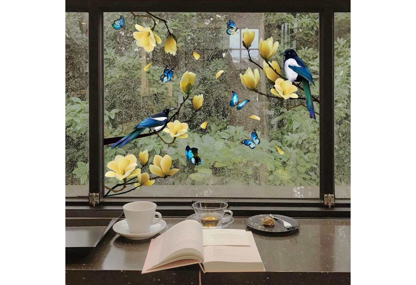 AUKUU Wandtattoo 27*60cm Zweige Blumen und Vögel elektrostatische, Glaswandaufkleber kreative dekorative Aufkleber für das von AUKUU