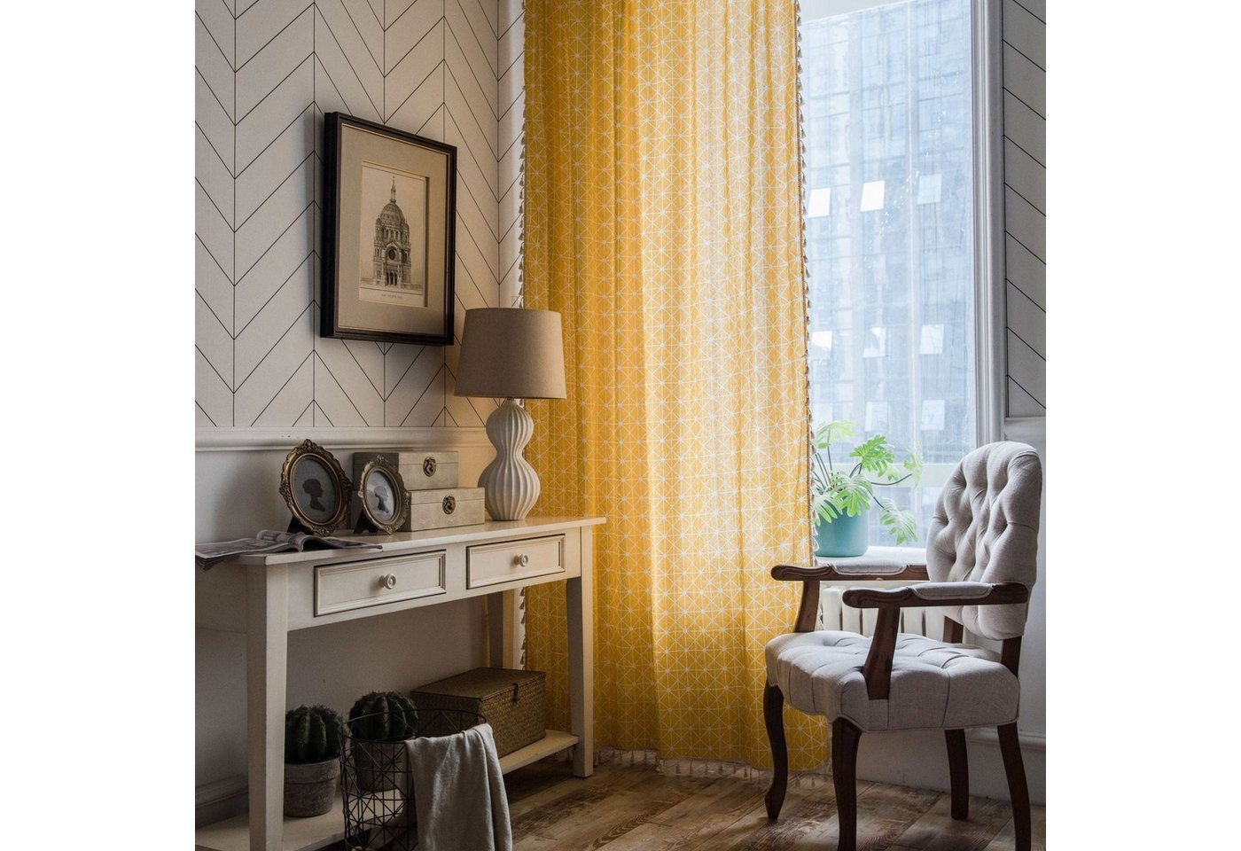 Vorhang Vorhang Vorhang gelb geometrische Quaste kleines Fenster, AUKUU, Küchenvorhang halbschattig Erkerfenster EinzelstückEinteiliges von AUKUU