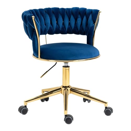 AUKWIK 360° Drehbarer Bürostuhl aus Samt, ergonomischer Home-Office-Stuhl mit gepolsterter Rückenlehne, höhenverstellbarer schreibtischstuhl für Schlafzimmer, drehbarer Schminktisch Stuhl, W-Navy von AUKWIK