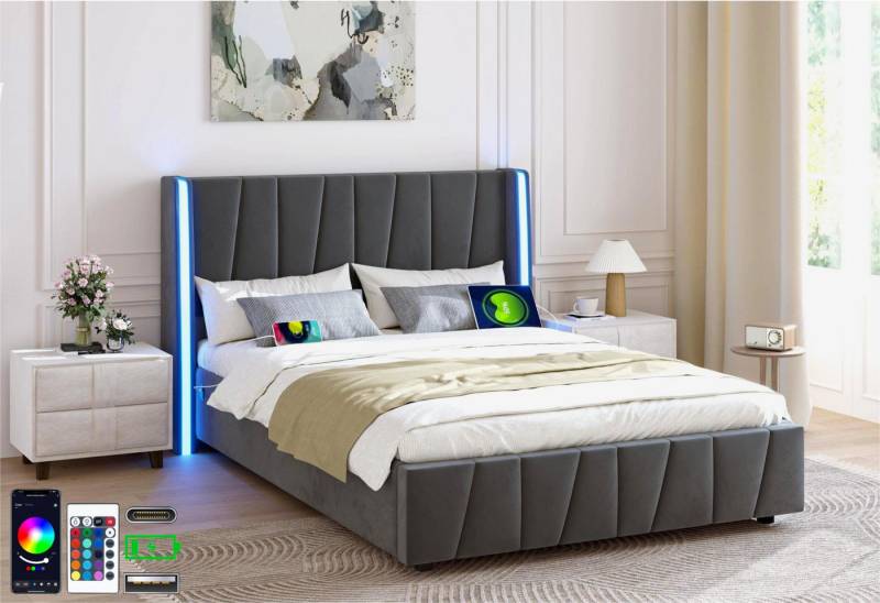 LVHOM Boxbett 140x200cm/160x200cm Trapez-Muster, Einzigartigen Design Bettgestell (Integriertes Hydrauliksystem, LED-Leuchten in 16 Farben, Seitlicher USB-Ladeanschluss, Weicher, hautfreundlicher Samtstoff, Stabiler Rahmen, freie Staubschutzhülle für Bettkasten als Geschenk, Komfort, Stauraum und Stil in Einem), für Schlafzimmer, Gästezimmer, Studierendenwohnungen, Jugendzimmer von LVHOM