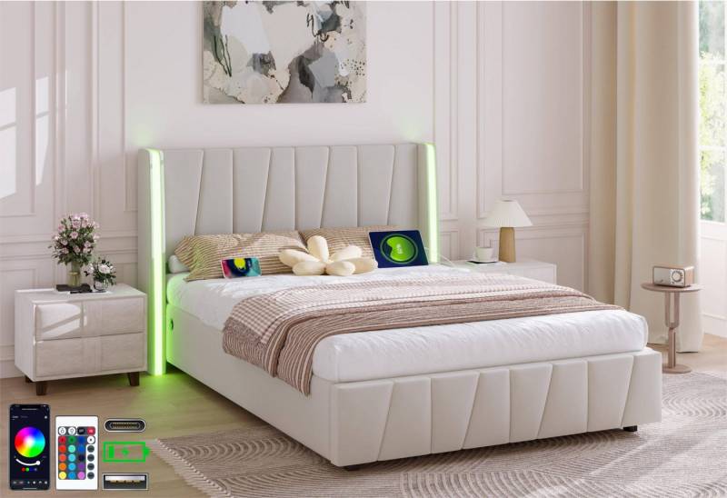 LVHOM Boxbett 140x200cm/160x200cm Trapez-Muster, Einzigartigen Design Bettgestell (Integriertes Hydrauliksystem, LED-Leuchten in 16 Farben, Seitlicher USB-Ladeanschluss, Weicher, hautfreundlicher Samtstoff, Stabiler Rahmen, freie Staubschutzhülle für Bettkasten als Geschenk, Komfort, Stauraum und Stil in Einem), für Schlafzimmer, Gästezimmer, Studierendenwohnungen, Jugendzimmer von LVHOM