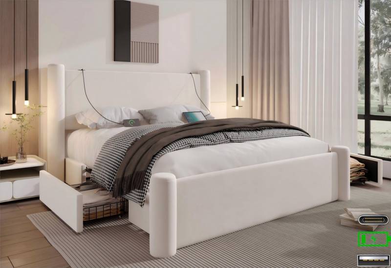 LVHOM Polsterbett 140x200cm/160x200cm Bettgestell, Doppelbett/Straumbett/Funktionsbett (2 Stauraumschubladen, integrierten USB/Typ C-Ladeports, Samt, dick gepolstertem Kopfteil, stabilen Stützsäulen, modernem Design, für maximalen Komfort und Funktionalität im Schlafzimmer), für kleinen Apartments, Jugendzimmer, Ferienwohnung, Studio-Wohnung, Loft von LVHOM