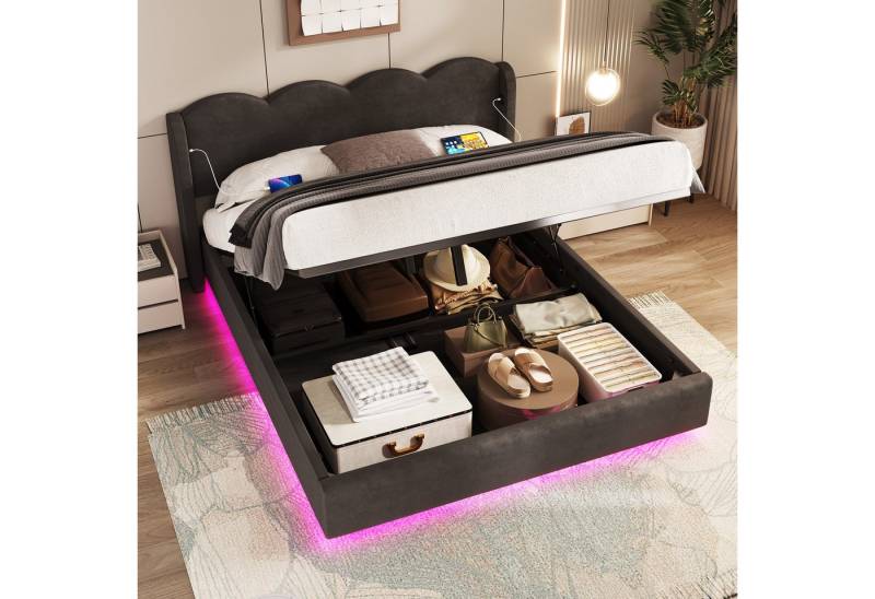 LVHOM Boxbett 140x200cm/160x200cm mit Bettkasten, Wellenförmig, Polsterbett/Doppelbett (boxspringbett 140x200 mit led, 12-farbiger LED-Beleuchtung (einstellbare Helligkeit), USB- & USB-C-Ladeanschlüssen, Fühlbar angenehm, Weicher, hautfreundlicher Samtstoff, Integriertes Hydrauliksystem, Platzsparend, Gepolsterter Bettrahmen mit Wellen-Kopfteil, Robuster Metallstruktur), Luxuriöser Samtstoff Bettgestell, für Schlaf-/Jugendzimmer, Apartments von LVHOM