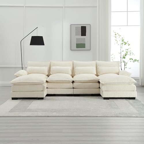AUKWIK U-Form Sofa mit Schlaffunktion Couch, 4 Sitzer Ecksofa aus Chenille mit doppelten Liegesitzen, Wohnzimmer Sektionssofa mit 4 Lendenkissen, Beige von AUKWIK
