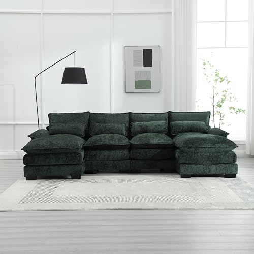 AUKWIK U-Form Sofa mit Schlaffunktion Couch, 4 Sitzer Ecksofa aus Chenille mit doppelten Liegesitzen, Wohnzimmer Sektionssofa mit 4 Lendenkissen, Grün von AUKWIK