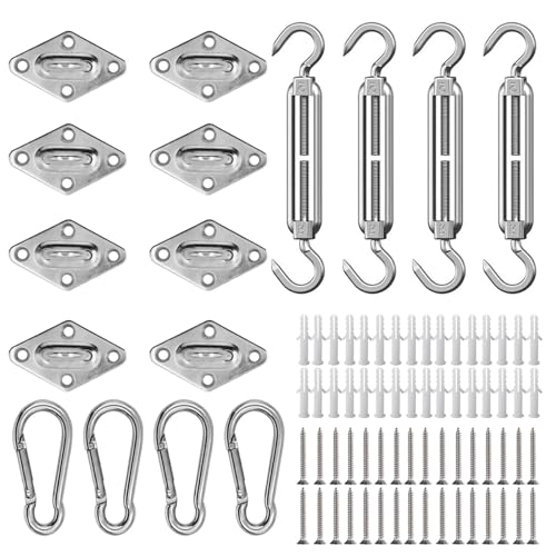 AUMAYCO M6 Sonnensegel Befestigungs Kit 80 Stück, Sonnensegel Zubehör Montage für Viereckigen Dreieckigen 304 Edelstahl Sonnensegel Befestigungsset(16-teiliges Set für Viereck + 64st Schrauben) von AUMAYCO