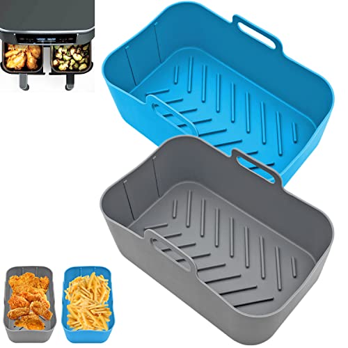 2er-Pack Airfryer Silikonform Zubehör für Ninja Foodi Dual Zone Heißluft-Fritteuse AF300EU, Ninja Air Fryer Silikon Accessories, Silikoneinsatz Einsätze Backform für Heißluftfritteuse (Grau+Blau) von AUMUA