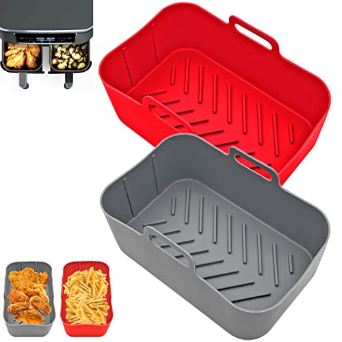 2er-Pack Airfryer Silikonform Zubehör für Ninja Foodi Dual Zone Heißluft-Fritteuse AF300EU, Ninja Air Fryer Silikon Accessories, Silikoneinsatz Einsätze Backform für Heißluftfritteuse (Grau+Rot) von AUMUA