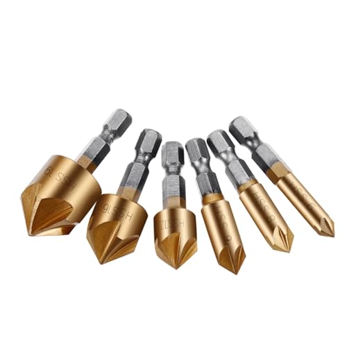 Bohrer-Set, 6-teiliger Senkerbohrer, 1/4 Zoll Sechskantschaft, 5-Flöten-Holzfasenfräser mit automatischem Splinttreiber, Holzbearbeitungswerkzeuge(6Pcs) von AUNANGLJSCS
