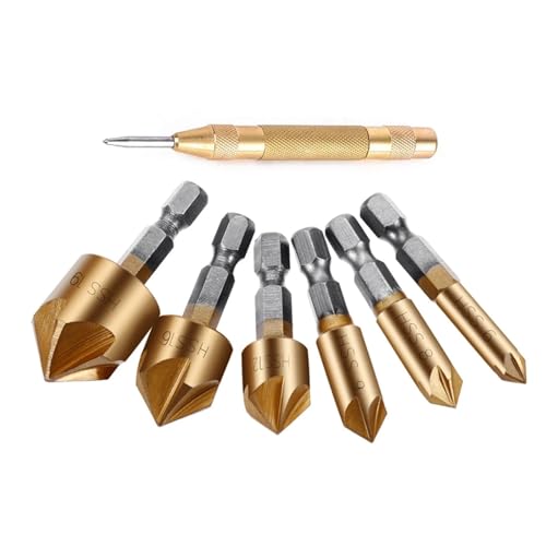 Bohrer-Set, 6-teiliger Senkerbohrer, 1/4 Zoll Sechskantschaft, 5-Flöten-Holzfasenfräser mit automatischem Splinttreiber, Holzbearbeitungswerkzeuge(7Pcs) von AUNANGLJSCS