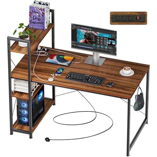 AUNEK Computertisch mit Steckdose und Ablageflächen, 120 x 46 cm, industrieller Schreibtisch mit 4 Ablagen, rustikaler Schreibtisch mit verstellbarem Bücherregal und Haken, Arbeitszimmer für Zuhause von AUNEK