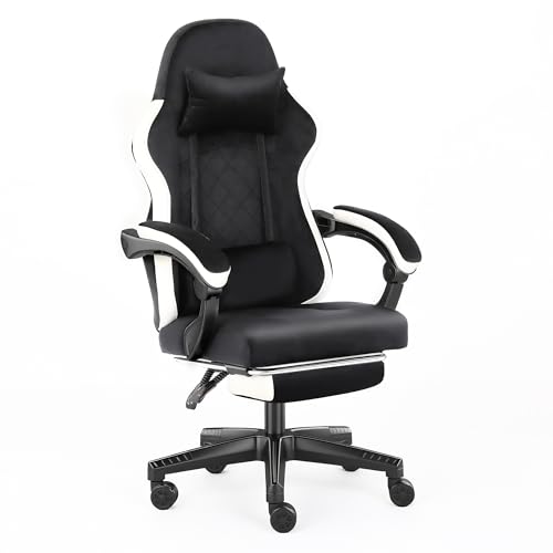 AUNEK Gaming Stuhl mit Fußstütze, Ergonomischer Schreibtischstuhl mit 140° Neigung, Höhenverstellbar, Flanellbezug, Lendenkissen & Kopfstütze, Drehbarer Gaming Sessel fürs Büro (Schwarz) von AUNEK
