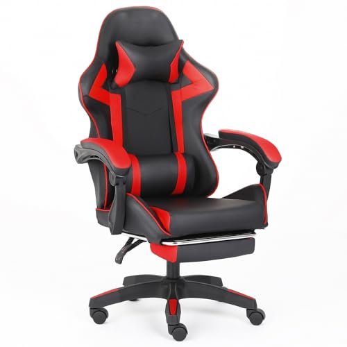 AUNEK Gaming Stuhl mit Fußstütze und Lendenkissen, Ergonomischer Gamingstuhl 90°–140° verstellbar, Hohe Rückenlehne, PU-Leder, Höhenverstellbar, PC Gamer Sessel mit Kopfstütze von AUNEK