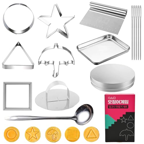 AUNGKWANG Korea Game Kekse, 15 Stück Ausstechformen Für Koreanische Dalgona Kekse, Edelstahl Werkzeug, Quadrat, Regenschirm, Dreieck, Stern, Runde Form Für Tintenfisch, Party, Zucker von AUNGKWANG