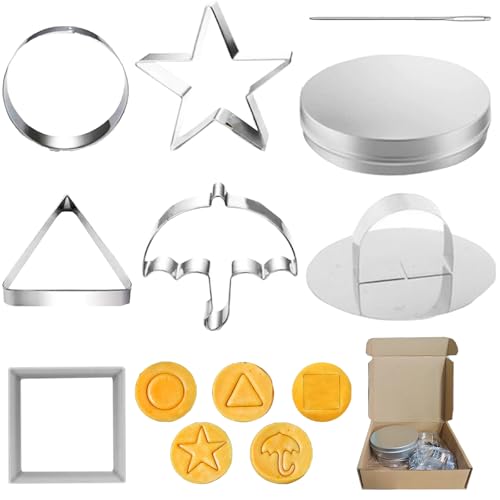 AUNGKWANG Korea Game Kekse, 8 Stück Ausstechformen Für Koreanische Dalgona Kekse, Edelstahl Werkzeug, Quadrat, Regenschirm, Dreieck, Stern, Runde Form Für Tintenfisch, Party, Zucker von AUNGKWANG