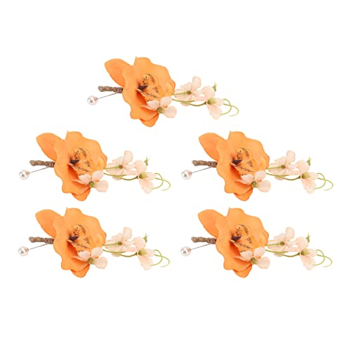 AUNMAS 5-teiliges Bräutigam-Ansteckblume-Set, Elegante Ansteckblume für Männer Hochzeitsblume Künstliche Blumen Lebensecht Dauerhaft Wiederverwendbar Künstliche Brosche Blume (Orange) von AUNMAS