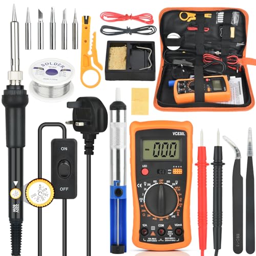 Lötkolben Set, Soldering Iron 60W Einstellbare Temperatur 200-450°C Lötkolben-Pistolen-Set Schweißwerkzeug mit LCD-Digitalmultimeter, 5 Lötspitzen, Entlötpumpe, Zinndrahtrohr, Lötkolbenständer von AUOKAI