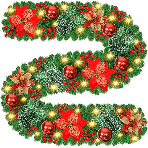 Weihnachtsgirlande, 270cm Weihnachtsgirlande mit Beleuchtung, 30 LED Beleuchtet Girlande Weihnachten Dekoration Tannengirlande Künstlich Weihnachtsdeko Weihnachtskranz für Tür Kamine Treppen von AUOKAI