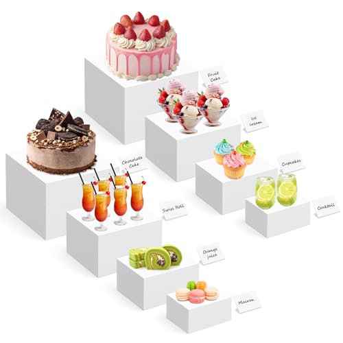 AUORUSI 8 Stück Acryl Buffet Ständer Weiße für Präsentation,mit Mini-Tischschilder,Acryl Würfel mit Hohlen Böden für Buffet,Hochzeit,Familienfeier von AUORUSI