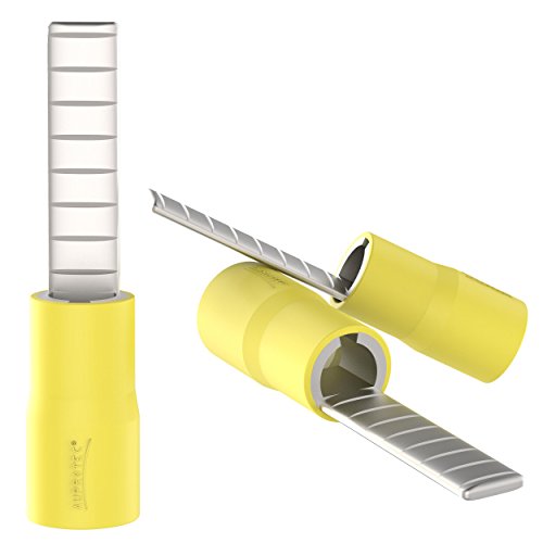 AUPROTEC 25x Flachstiftstecker 4 mm² - 6 mm² gelb Stiftabmessung 4,5 x 14 mm teilisolierte PVC Flachstiftkabelschuhe flache Bauform DBV Kabel-Verbinder aus Kupfer verzinnt von AUPROTEC